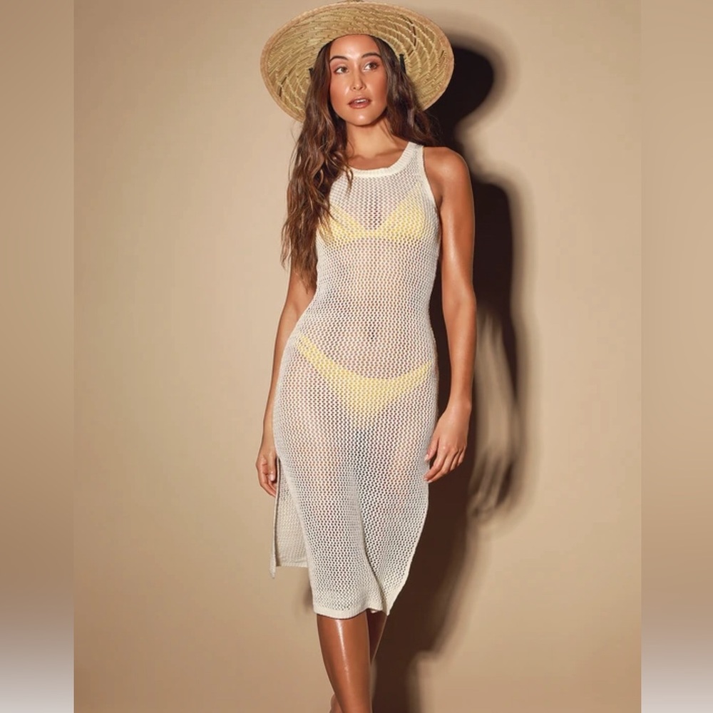 Lulus Sandy Cove Cream Sheer Crochet Swim Cover-Up